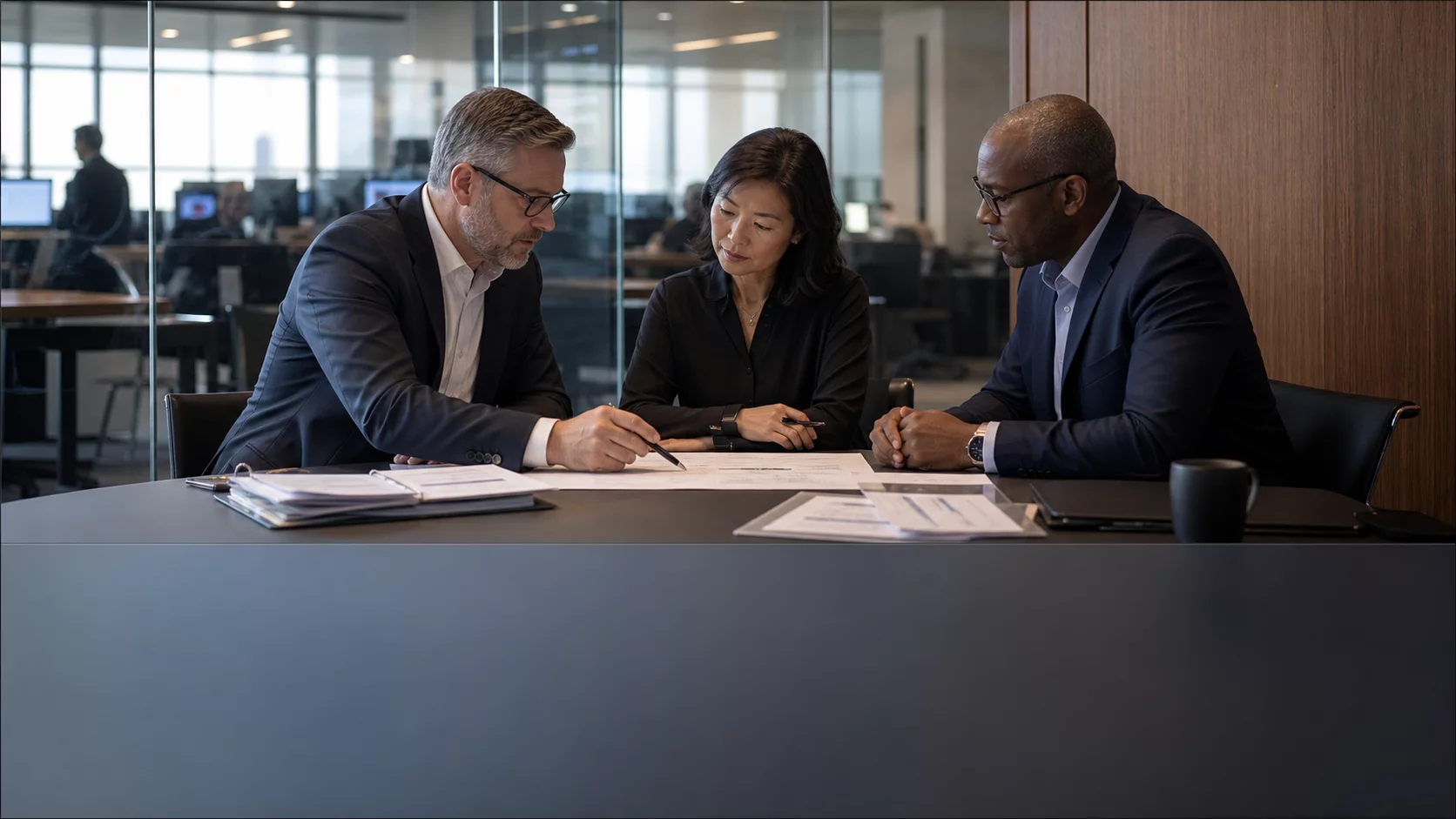 Institutional trading desk professionals coordinating controlled market execution