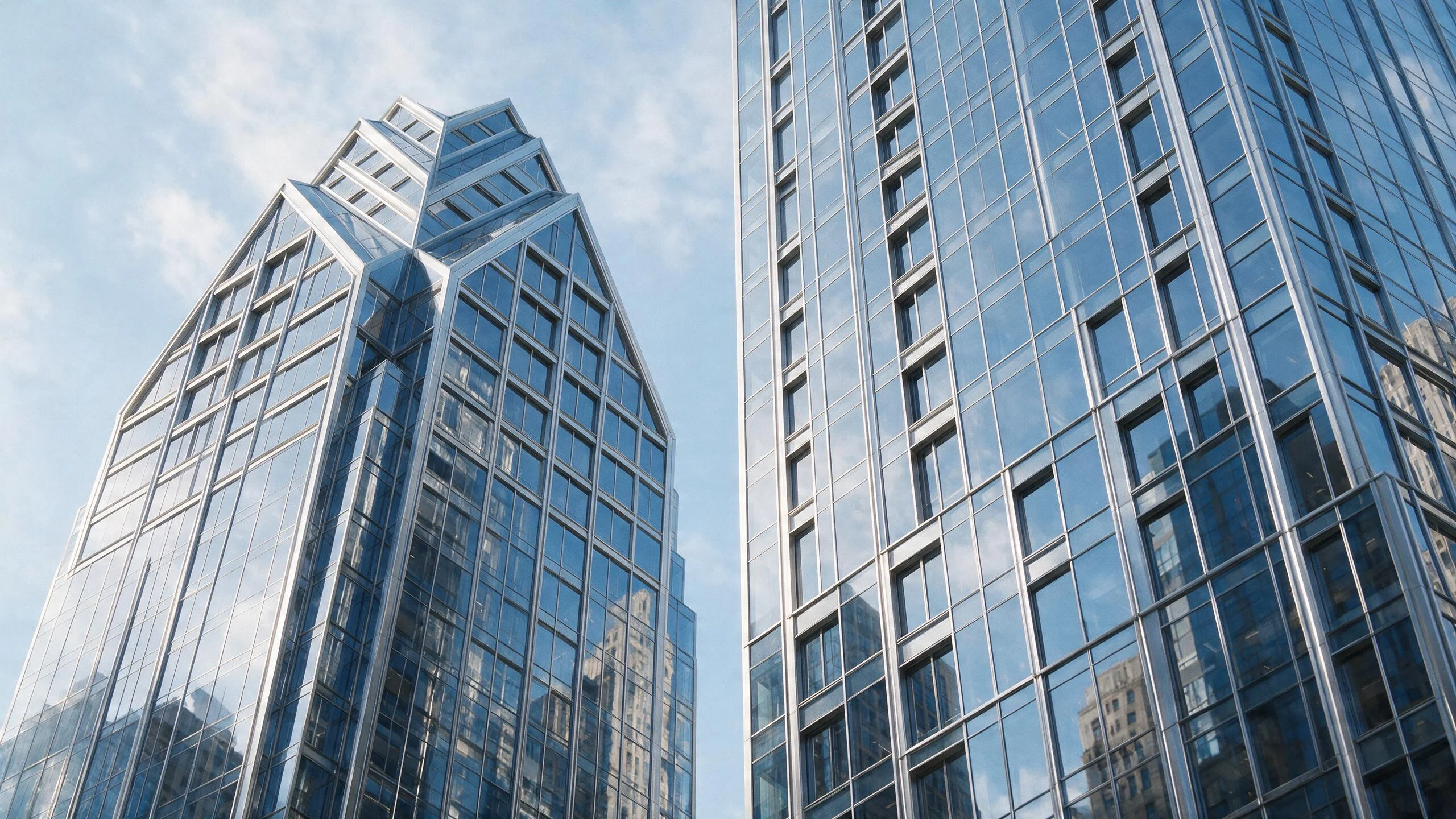 Glass office towers in a financial district seen from below